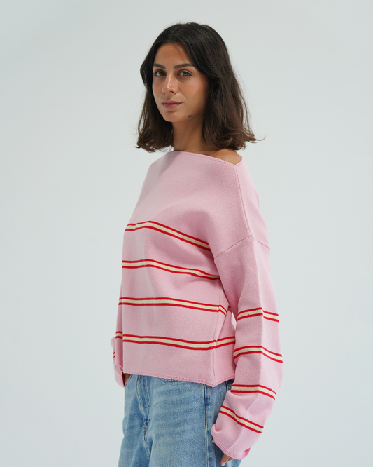 Pink Striped Off-Shoulder Sweater