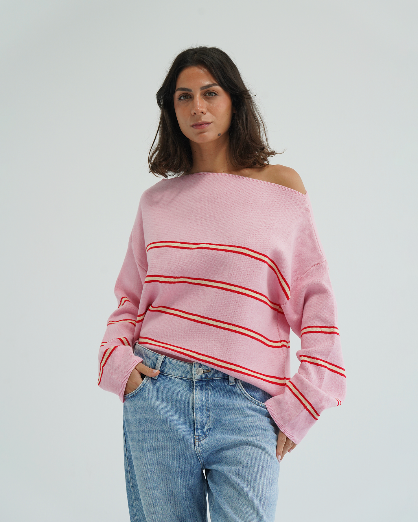 Pink Striped Off-Shoulder Sweater