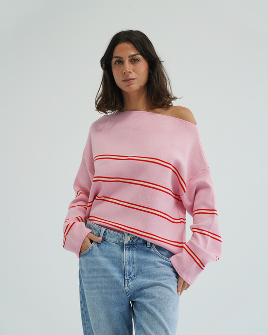 Pink Striped Off-Shoulder Sweater