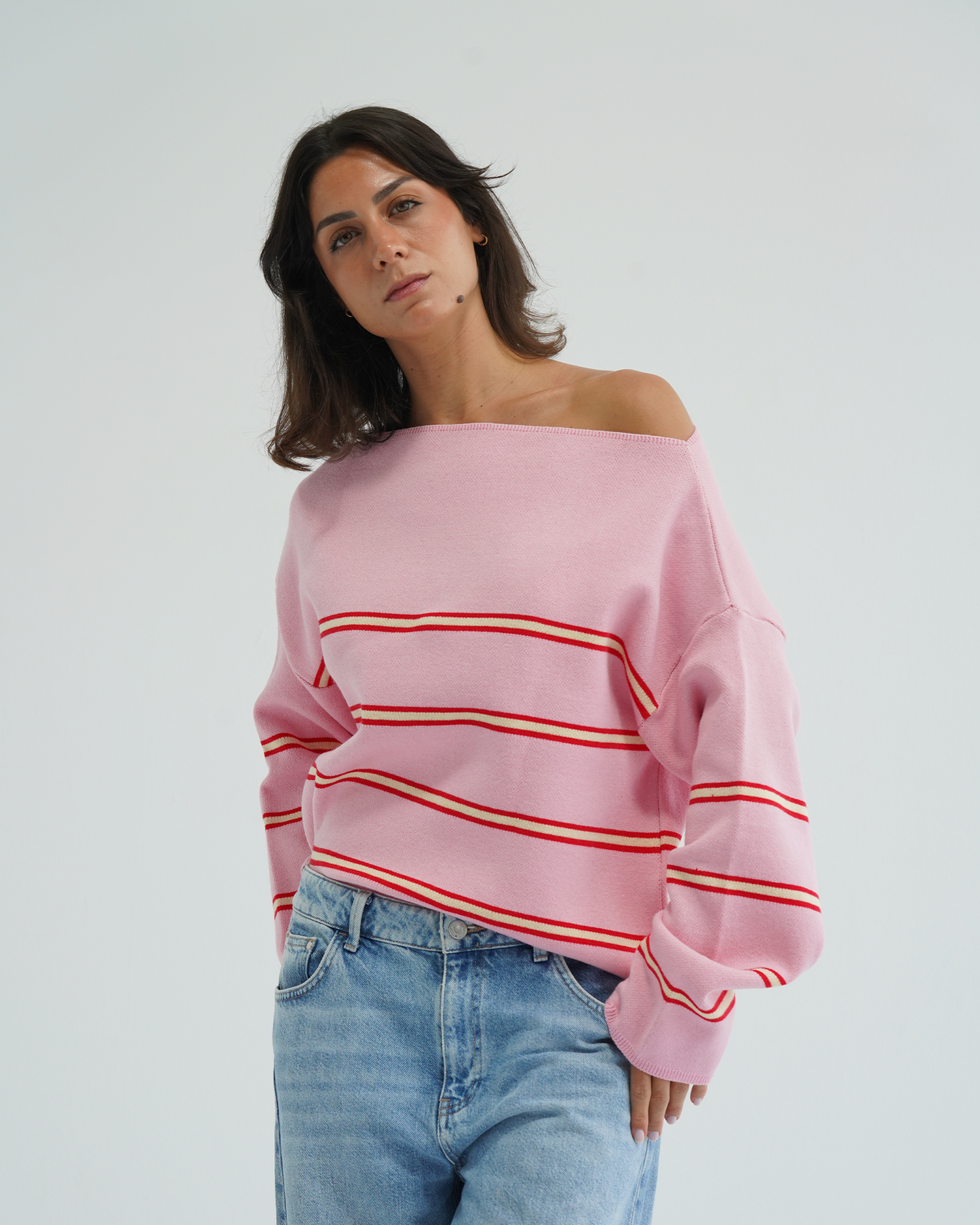 Pink Striped Off-Shoulder Sweater