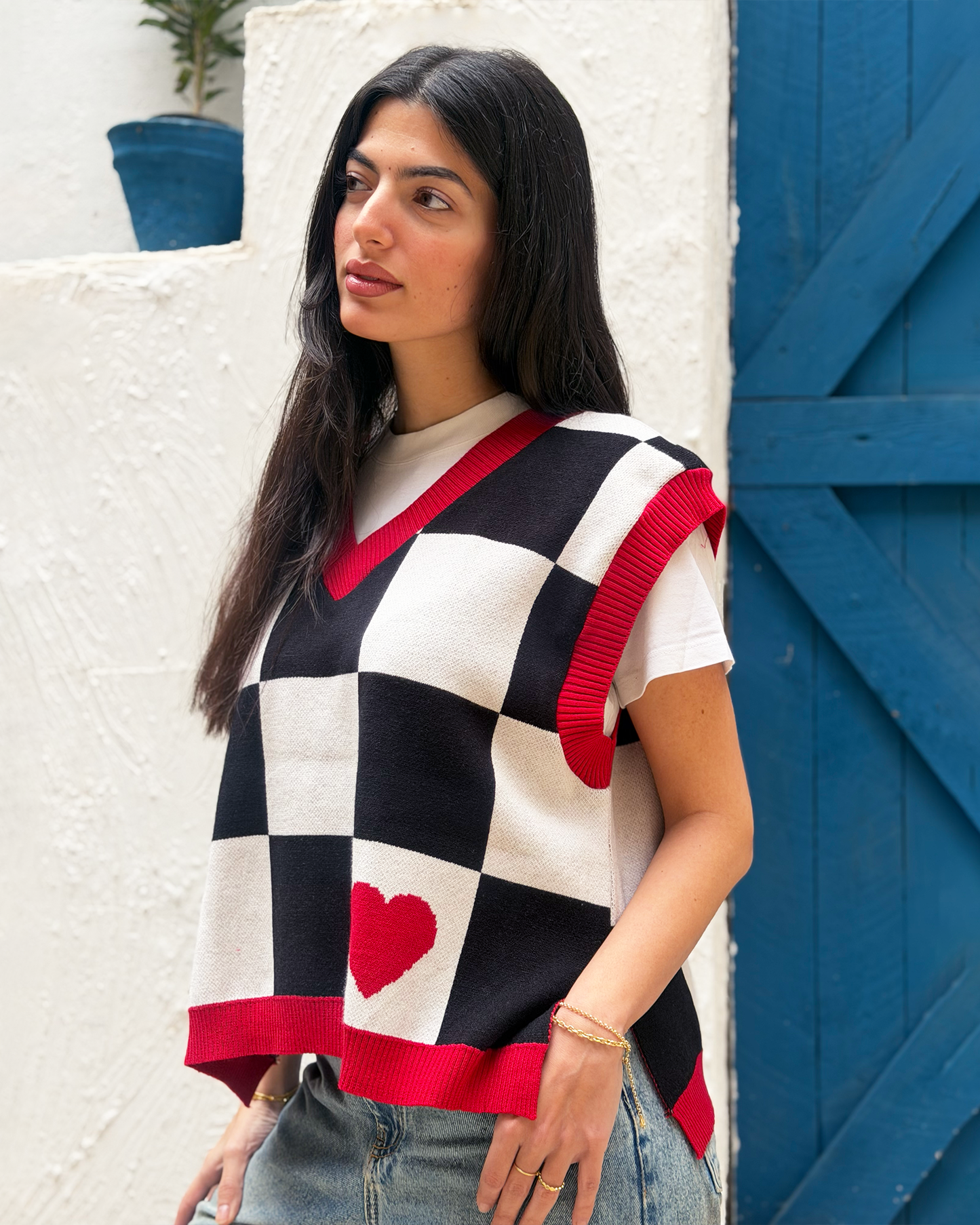 Black Checkers Knit Vest