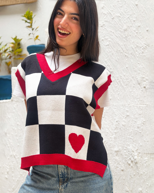 Black Checkers Knit Vest
