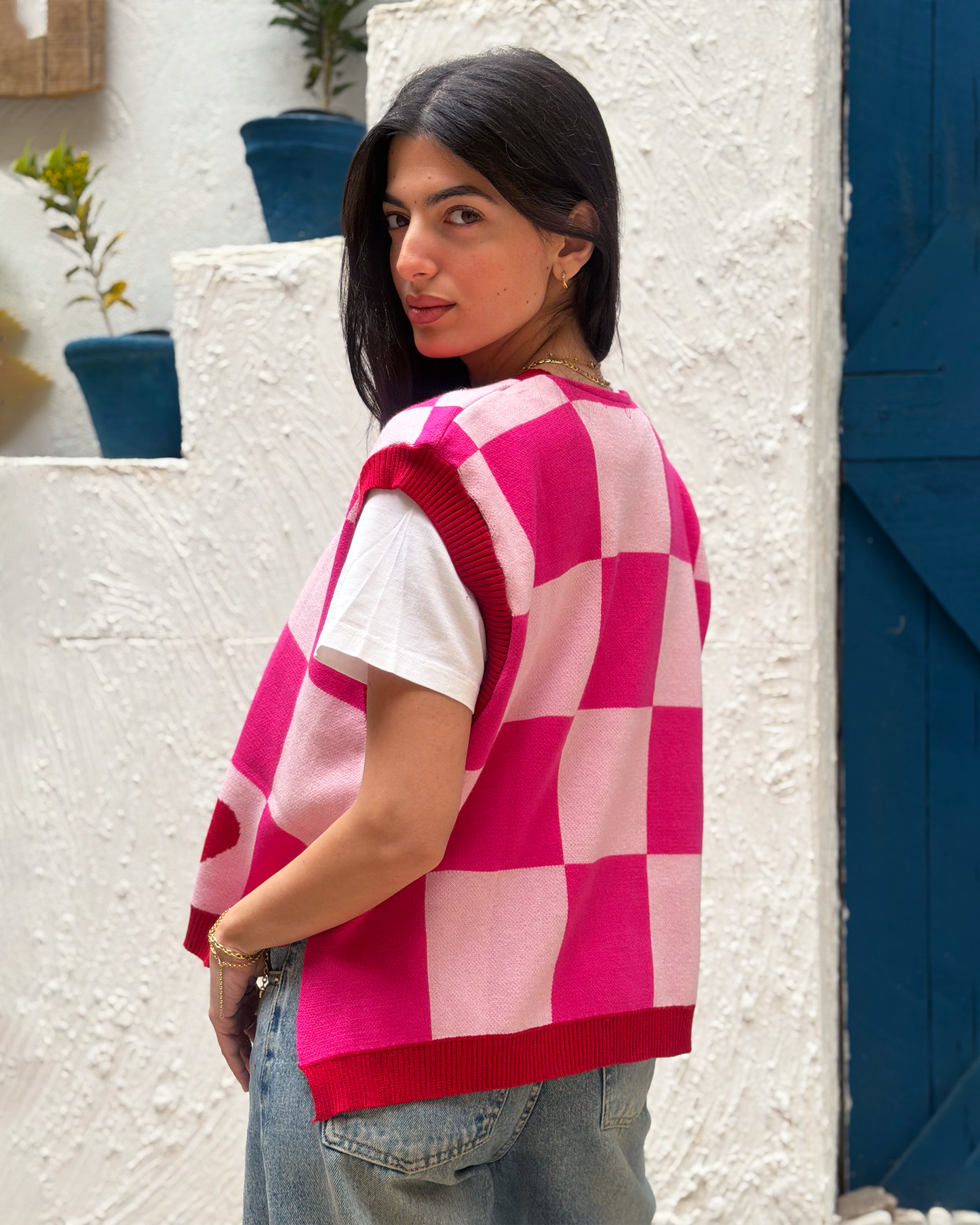 Pink Checkers Knit Vest