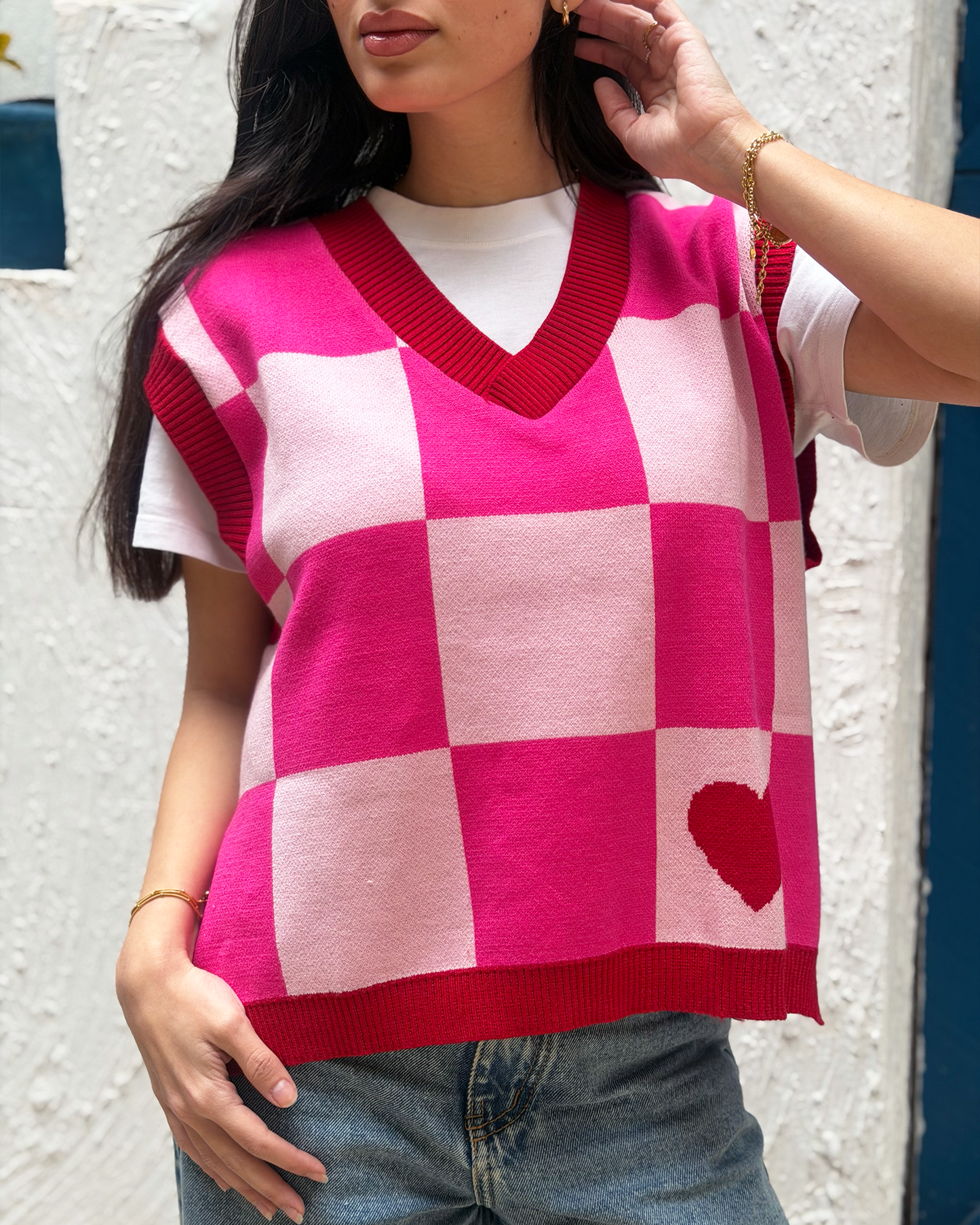 Pink Checkers Knit Vest