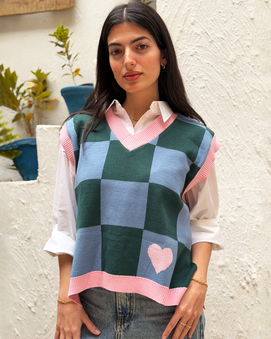 Green Checkers Knit Vest