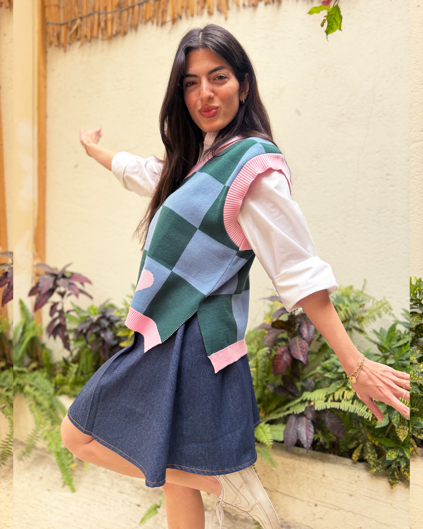 Green Checkers Knit Vest