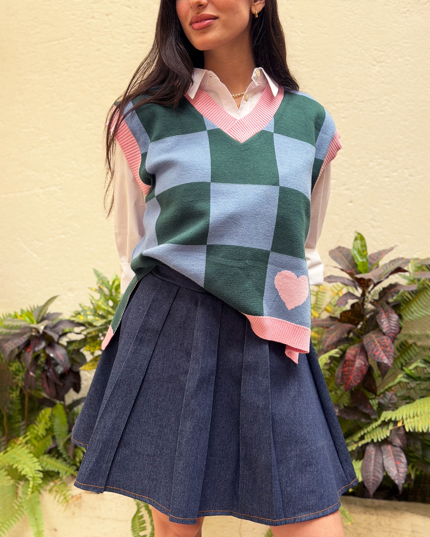 Green Checkers Knit Vest