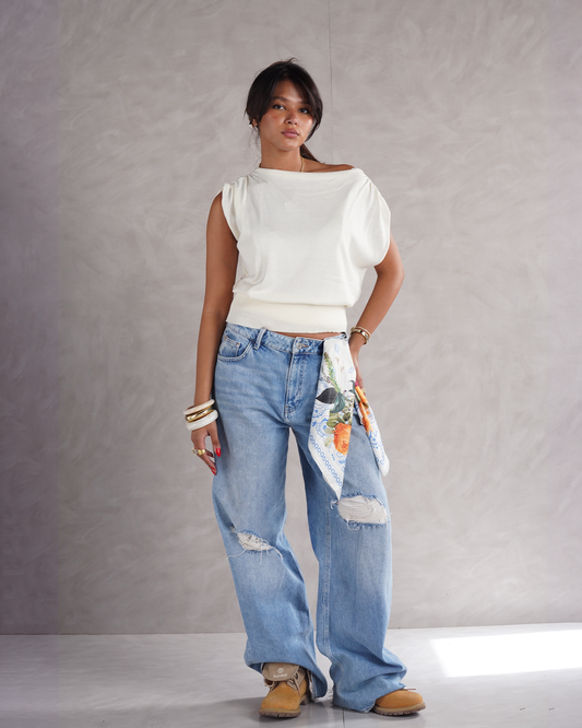 White Drape Off-shoulder Knit Basic