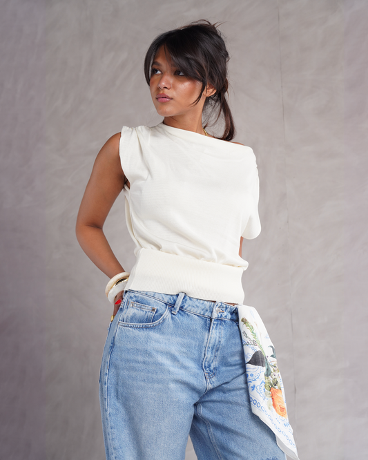 White Drape Off-shoulder Knit Basic