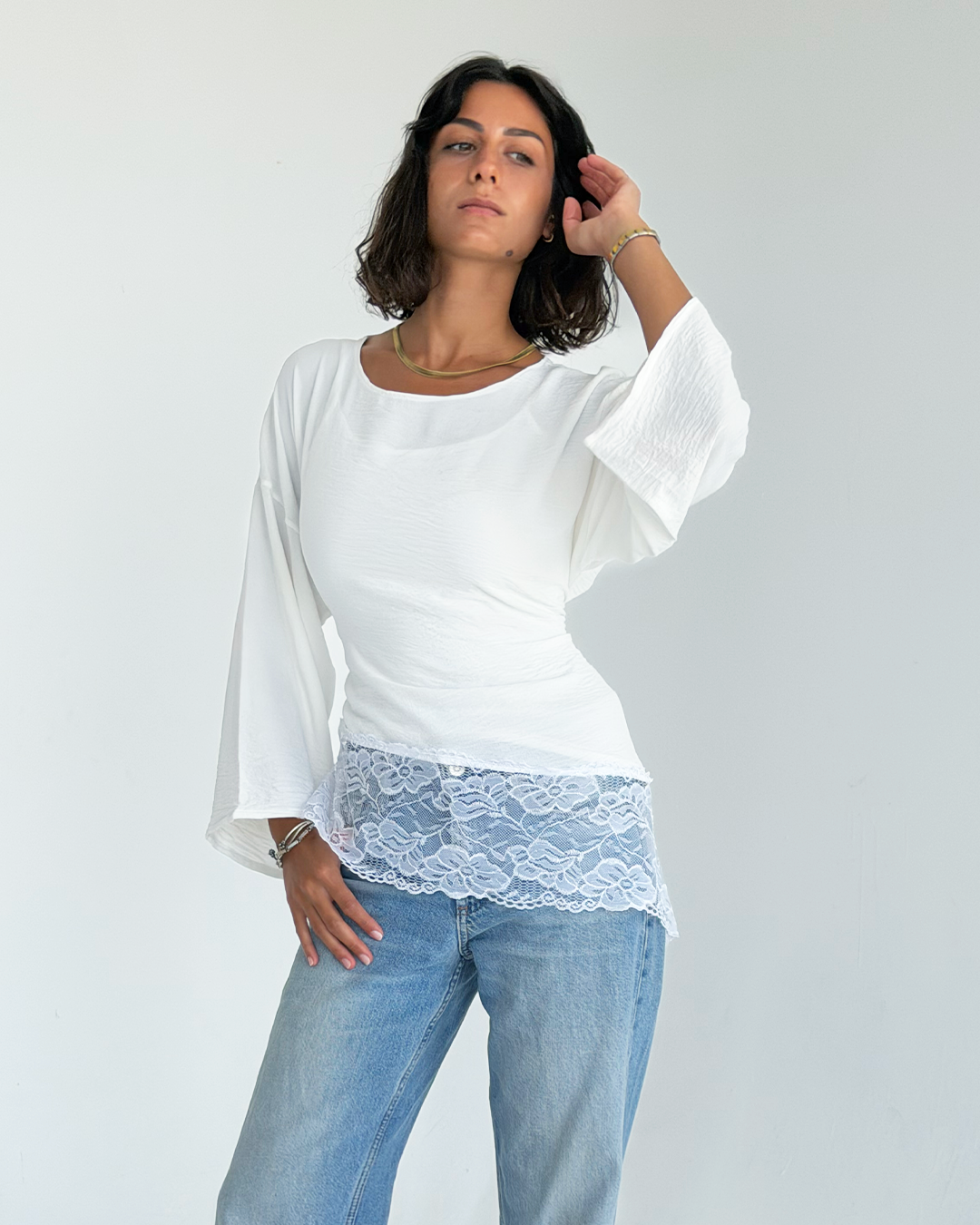 White Asymmetric Wide Sleeve Lace Top