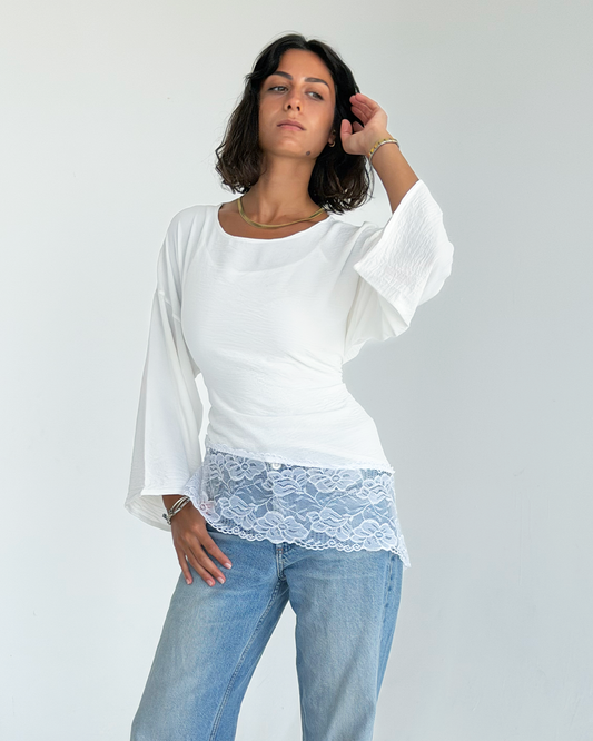 White Asymmetric Wide Sleeve Lace Top