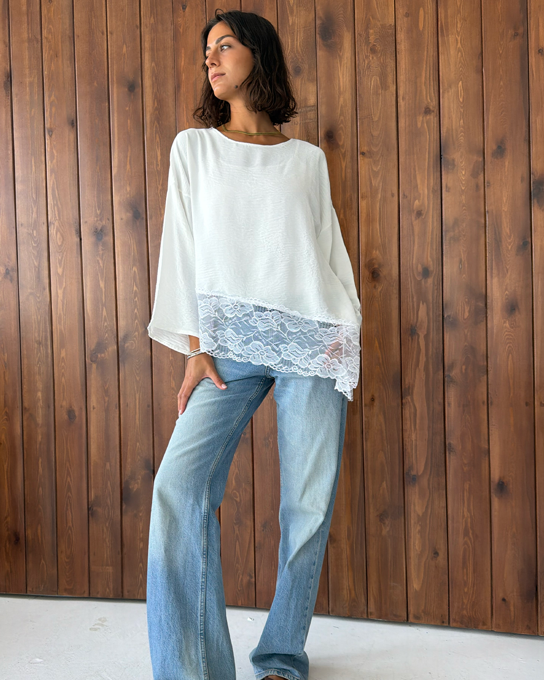 White Asymmetric Wide Sleeve Lace Top