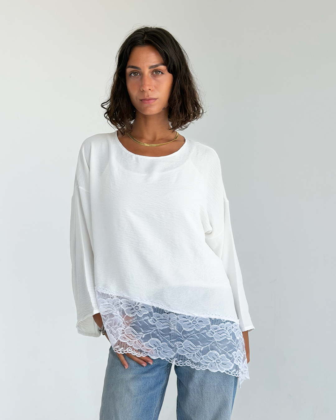 White Asymmetric Wide Sleeve Lace Top