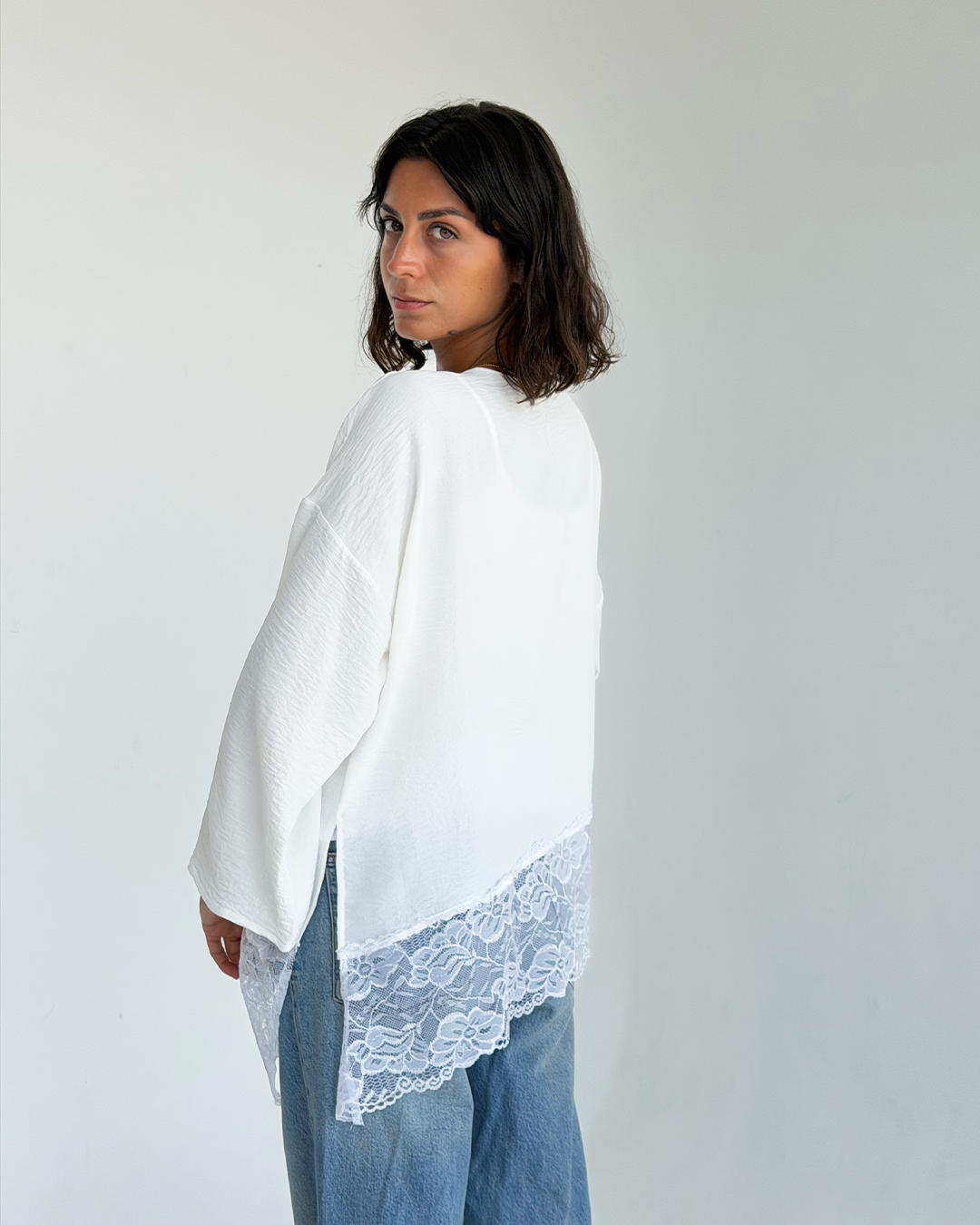 White Asymmetric Wide Sleeve Lace Top