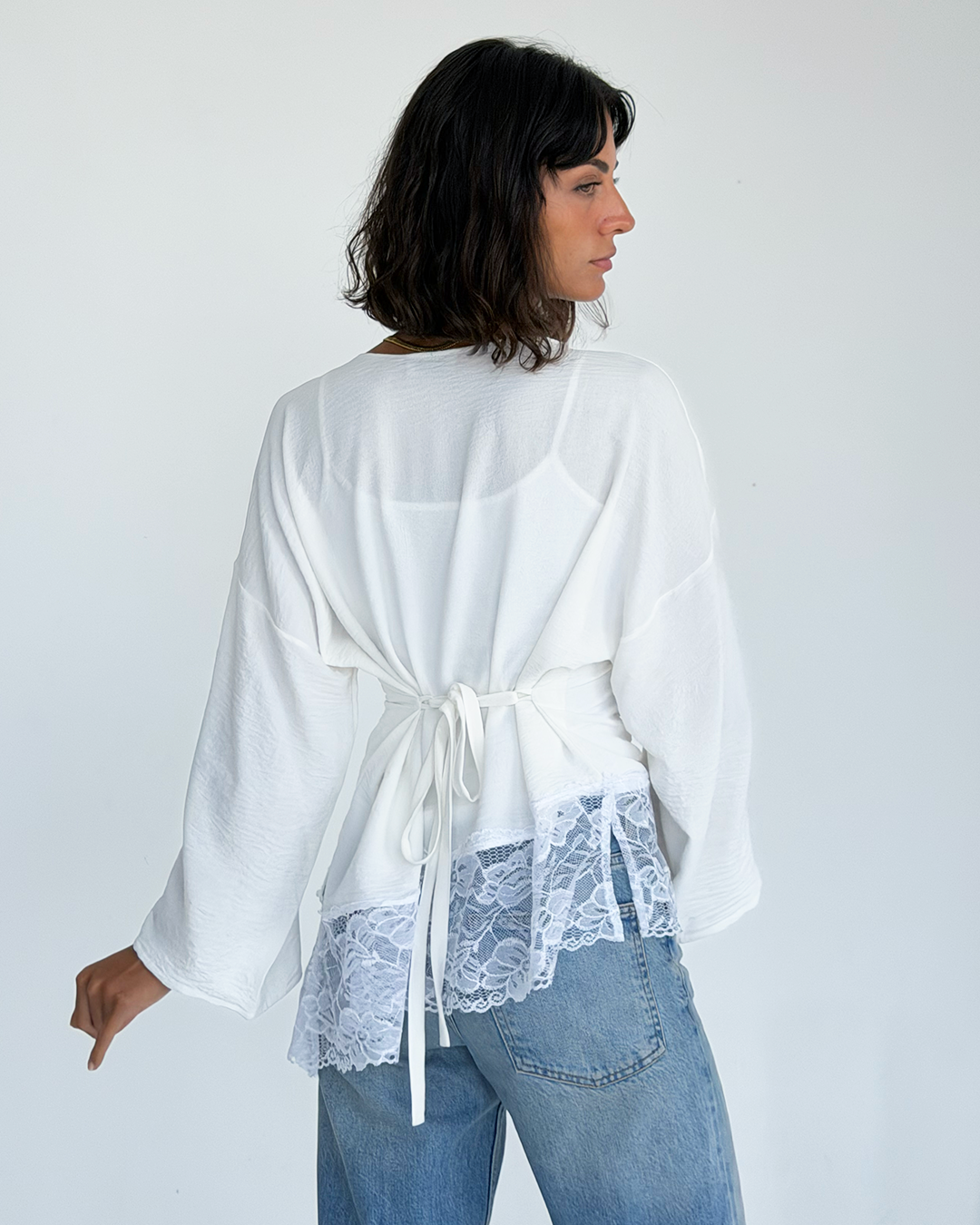 White Asymmetric Wide Sleeve Lace Top