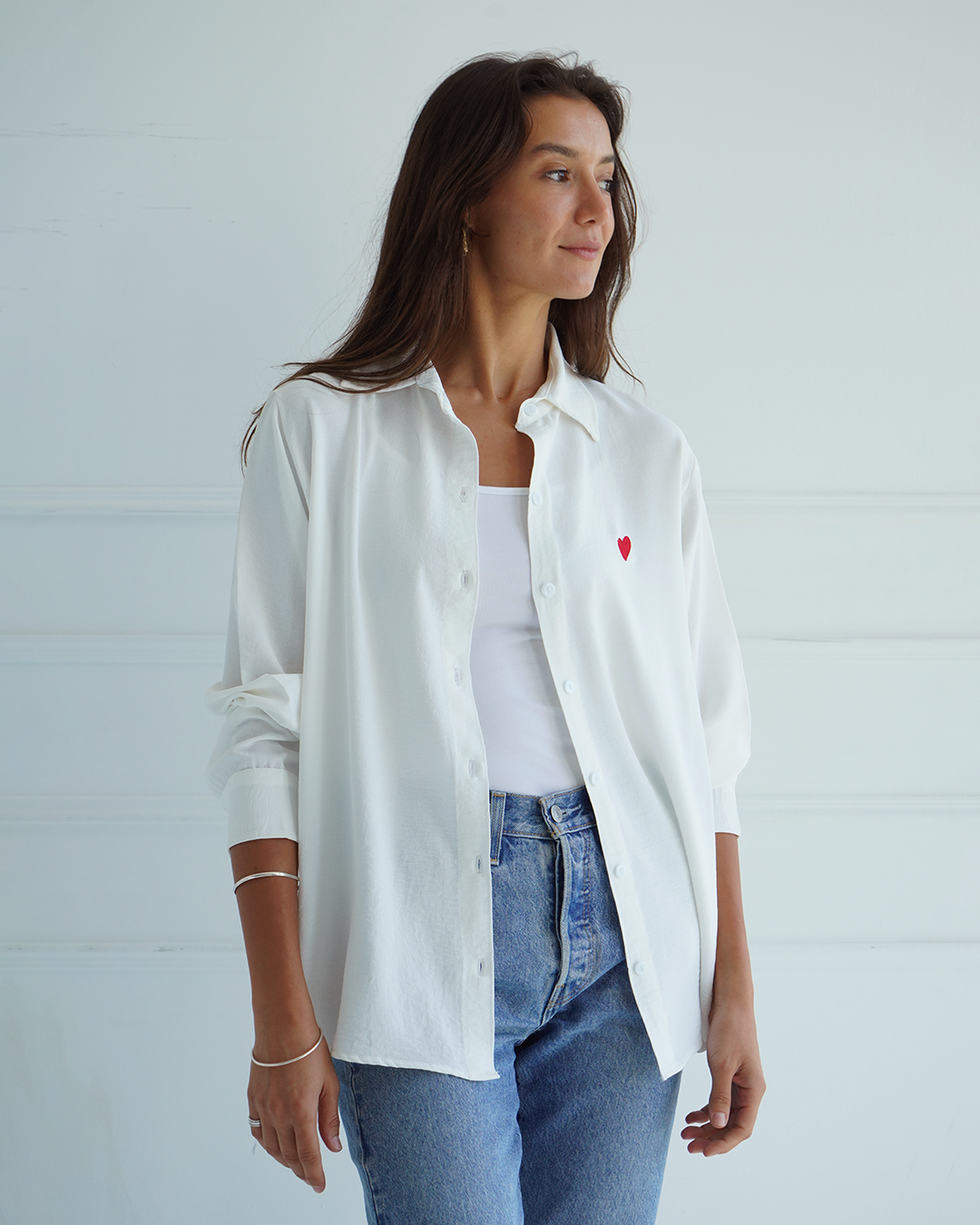 White Heart Embroidered Over-sized Shirt