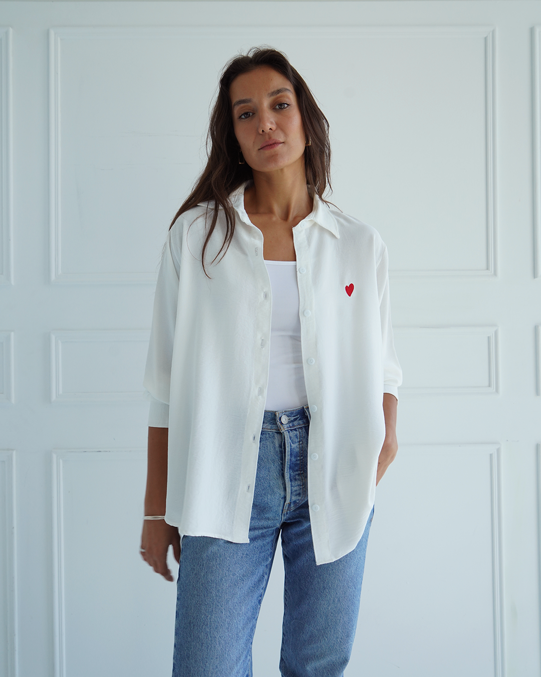 White Heart Embroidered Over-sized Shirt